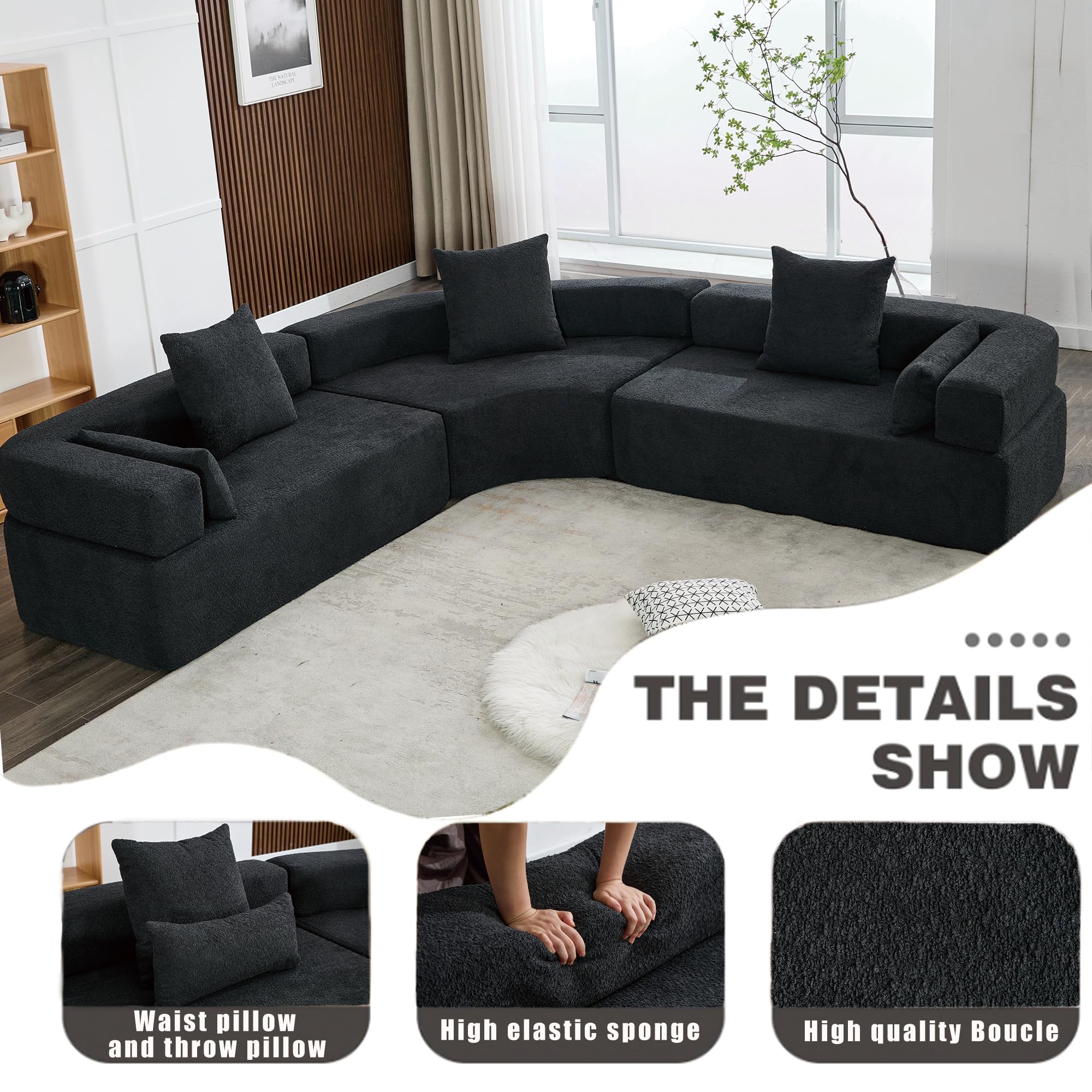 JUSTONE 111" Sectional Sofa for Living Room,Oversized Combination Sofa,Curved Sofa,Semicircular Modular Sofa with 4 Pillows for Home Office,3 Piece Free Combination(Black)