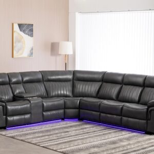 Hybition Power Reclining Sectional Sofa Multi-Functional 6 Seater Sectional Sofa L-Shaped PU Leather L-Shaped Sofa LED Lights Stereo Storage Cup Holders USB -Grey