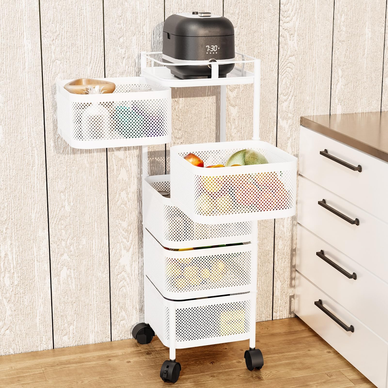 loyliawa Fruit Basket for Kitchen, Rotating Storage Rack for Kitchen, 4/5 Tier Square Rotating Basket with 360 Degree Wheels, Fruit Vegetable Metal Wire Shelf with Top Lid for Kitch White 5-Layers