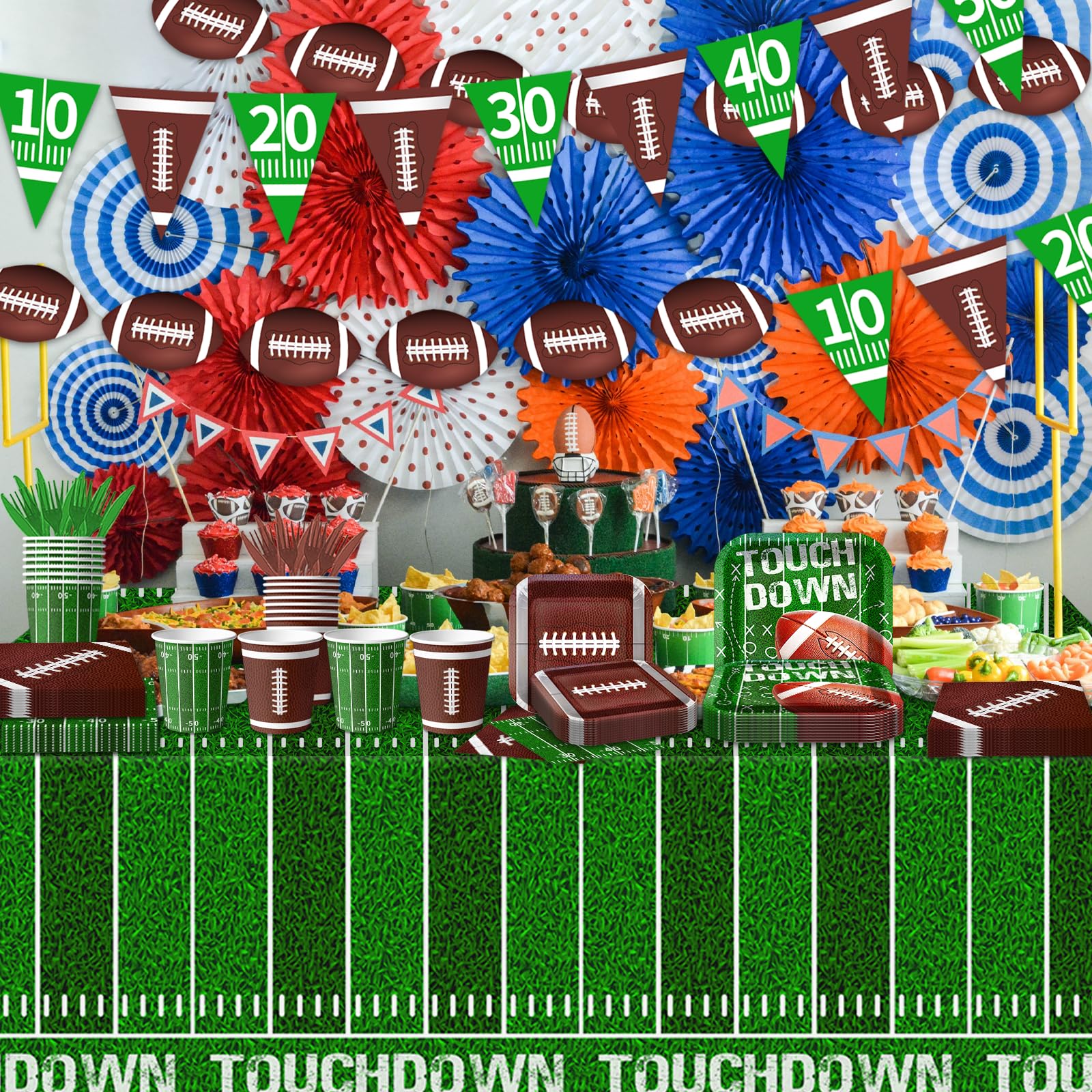 178Pcs Football Party Supplies Includes Dinner Plates, Dessert Plates, Napkins, Cups,Banner and Touchdown Tablecloth for Football Birthday Party Football Gameday Tailgate Party Decorations Serve 25