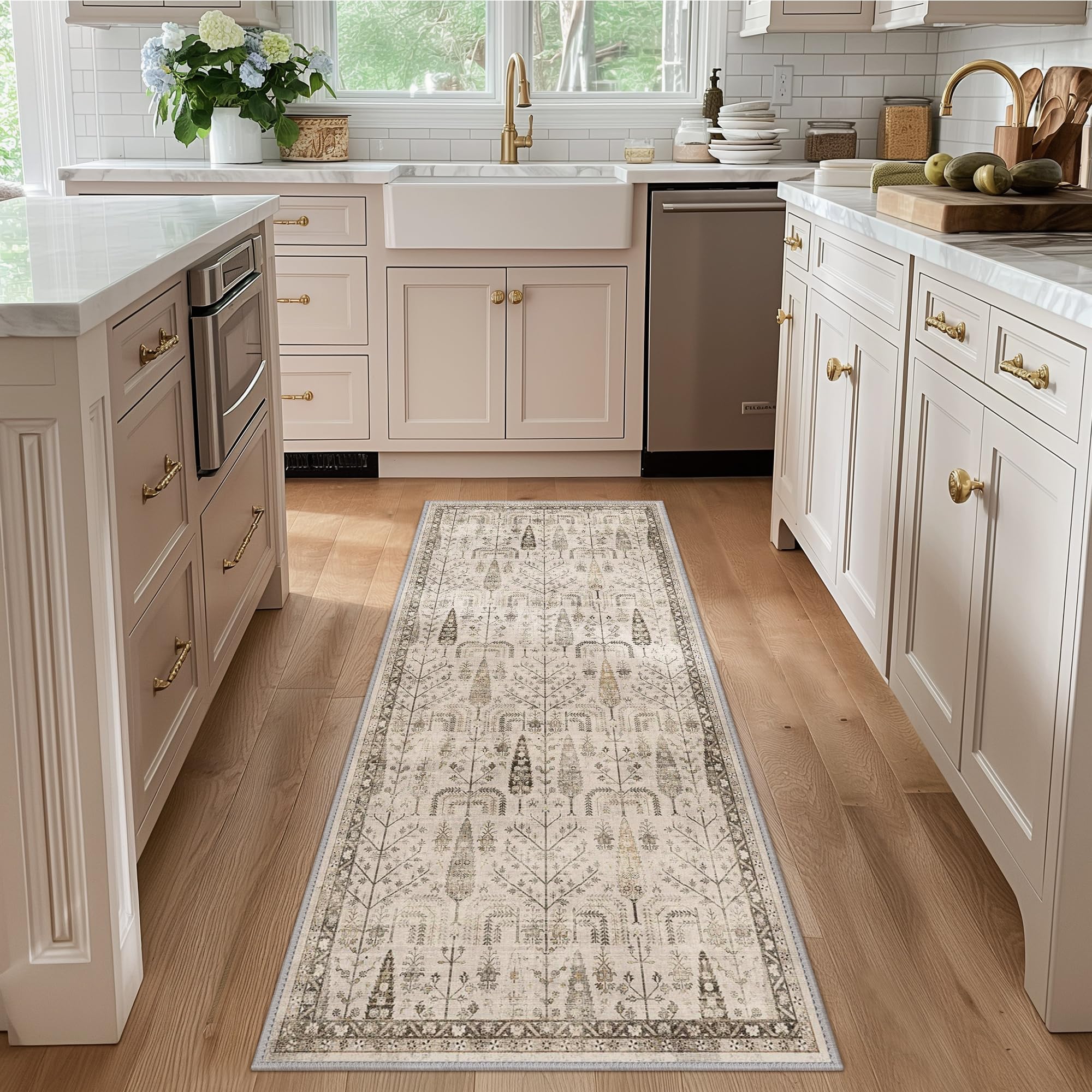 Bavni Runners for Hallways, Floral Non Slip Machine Washable Rug, Neutral Lightweight Low Pile Kitchen Bedroom Rugs, Thin Durable Aesthetic Farmhouse Vintage Tree Soft Wood 2x5 Rug