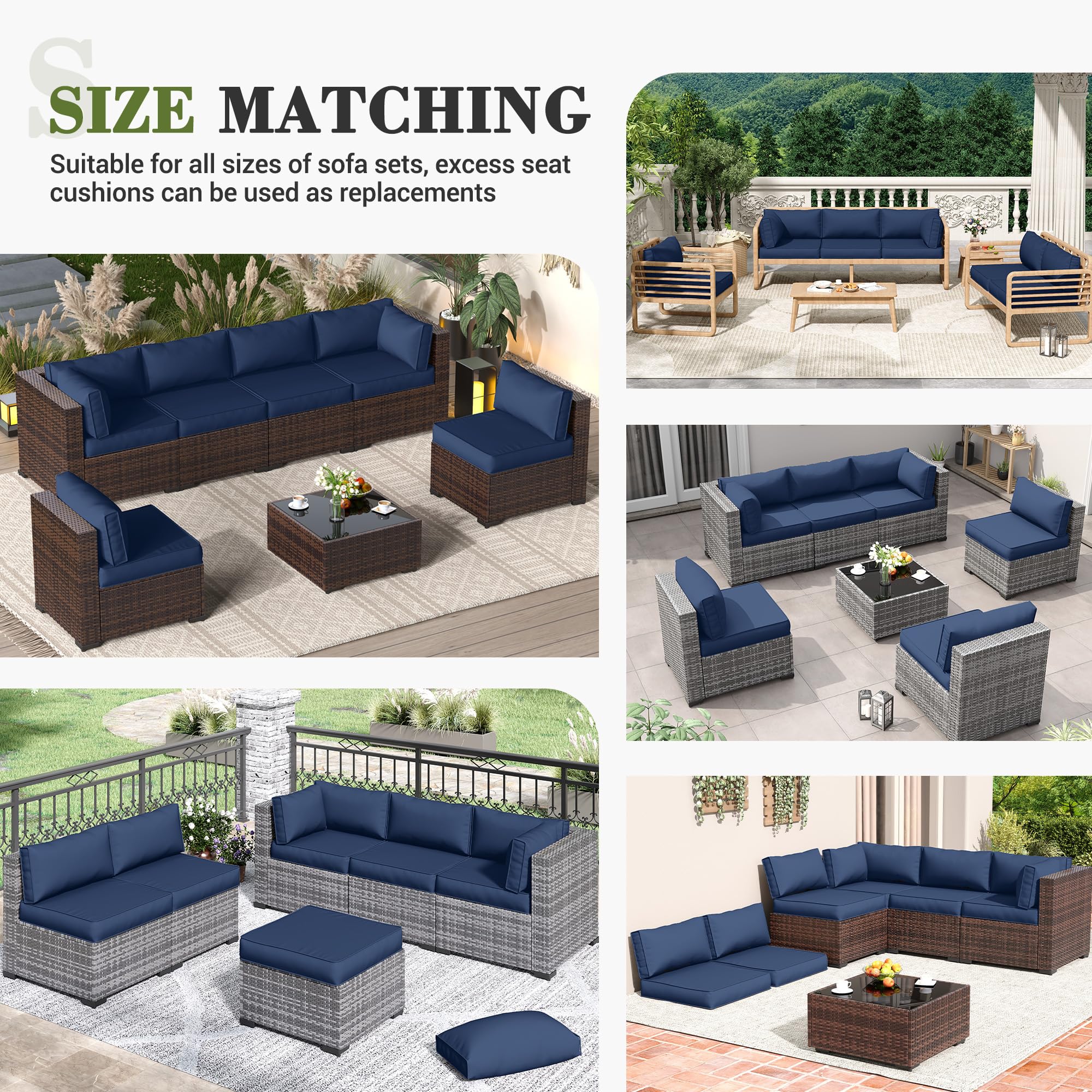 VONZOY Outdoor Furniture Cushions, Replacement Cushions for Patio Furniture Set, 14 Pieces Water-Resistant Patio Sofa Cushions Fits 6-seat Sectional Couch(Navy Blue)