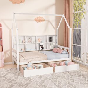 humeha full house bed with roof and 2 storage drawers for kids, wooden full size bed frame with storage shelves guardrails and wood slats for boys girls,no box spring required, white