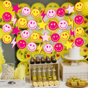 Preppy Party Banners 4Pcs Preppy Smile Face Party Decorations Hot Pink Yellow Smile Face Lightning Star Themed Party Banners for Back to School Party Bachelorette Birthday Party Supplies