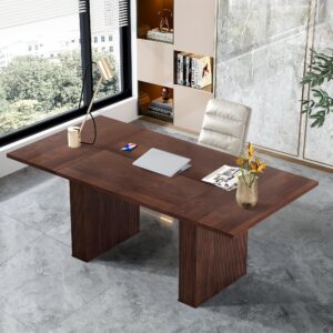 LEVNARY 78 Inch Long Executive Desk, Large Office Desk with Wood Strip Base, Modern Farmhouse Computer Desk Business Furniture for Home Office (Walnut)