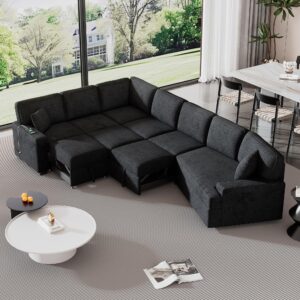 Merax 126" L-Shaped Sectional Sofa Couch Pull-Out Bed with Charging Devices and Cup Holders for Living Room