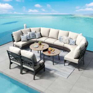 phi villa large patio furniture set 12 piece, half-moon outdoor couch set for 10 persons with 2 patio coffee table for garden, poolside, balcony, backyard