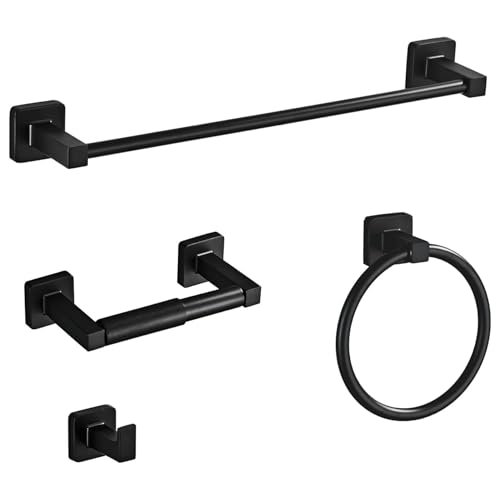 Lamppdcor Towel Rack Set Bathroom Towel Rack Set, 4-Piece Stainless Steel Black Towel Bar Set Includes 16in Hand Towel Bar, Towel Ring, Robe Towel Hooks, Adjustable Toilet Paper Holder