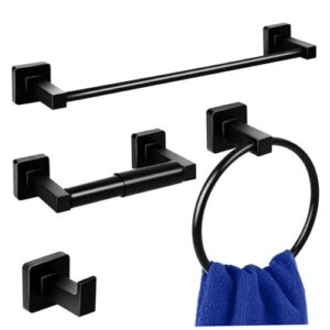 lamppdcor towel rack set bathroom towel rack set, 4-piece stainless steel black towel bar set includes 16in hand towel bar, towel ring, robe towel hooks, adjustable toilet paper holder