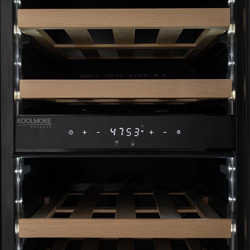 KoolMore KM-CW28DZ-WPR Reserve 15 in. Under-Counter Panel Ready Dual Zone Built-in Wine Cooler with 23 Bottle Capacity and Wooden Shelves in Black, ETL Listed