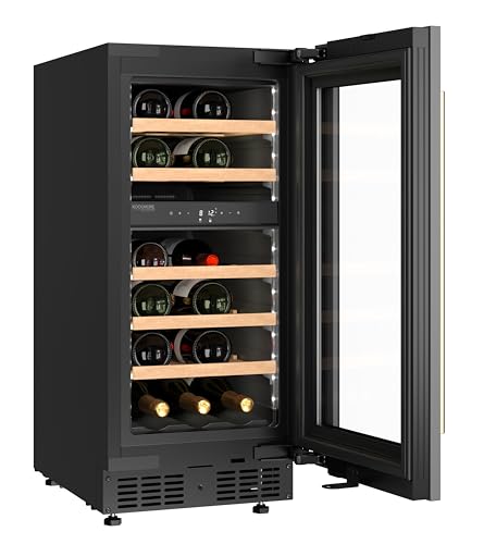 KoolMore KM-CW28DZ-WPR Reserve 15 in. Under-Counter Panel Ready Dual Zone Built-in Wine Cooler with 23 Bottle Capacity and Wooden Shelves in Black, ETL Listed