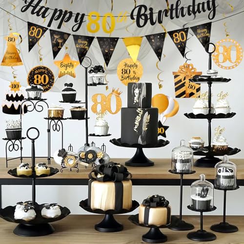 Hapdoo 80th Birthday Decorations Set - 80th Birthday Decorations Men Happy 80th Birthday Banner Triangle Flag Hanging Swirls Streamers for Women Men Birthday Party Decorations Supplies, Black and Gold