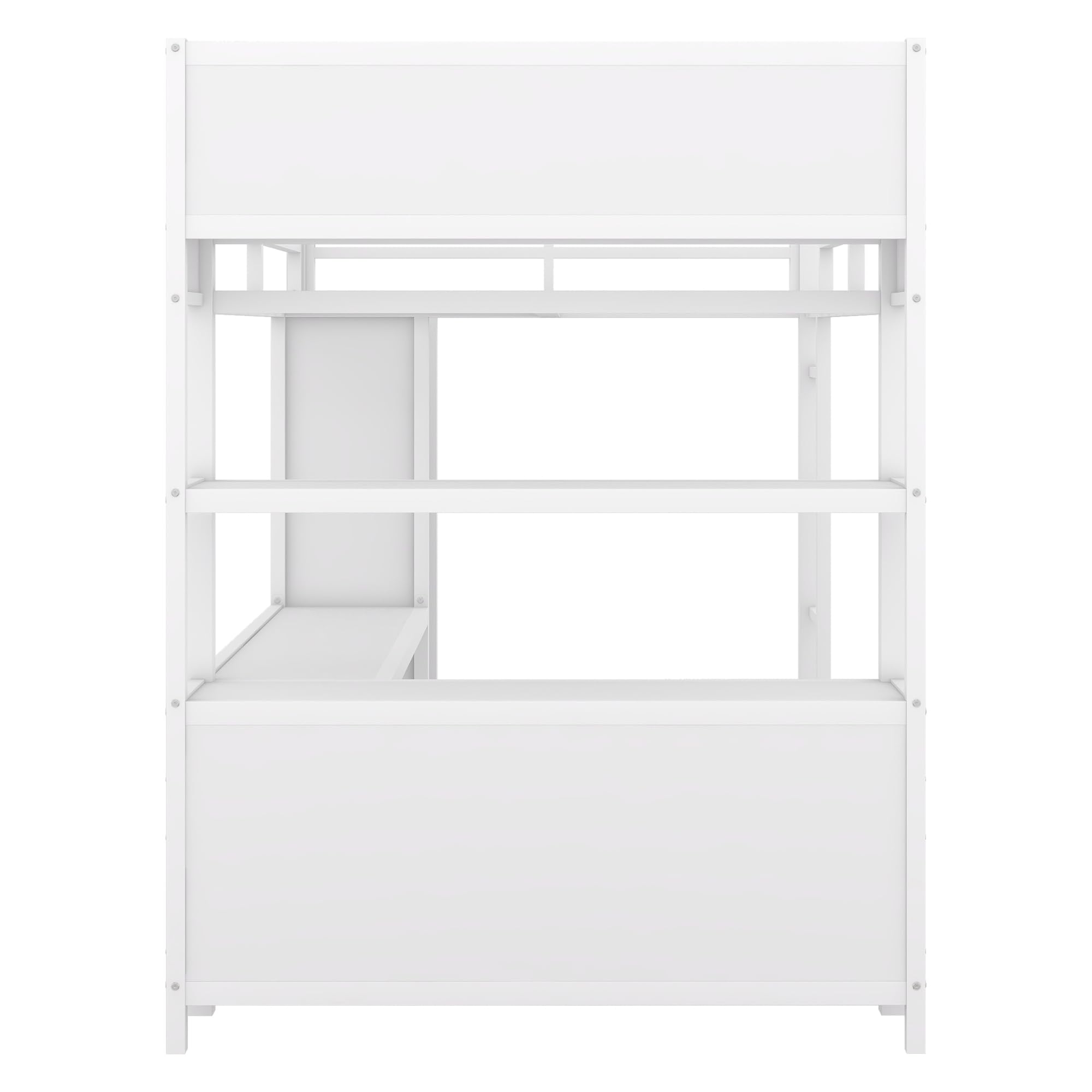 Linique Full Size Metal Loft Bed with L-Shape Desk, Wardrobe and Storage Shelves, Full Length Guardrail and Ladder, White