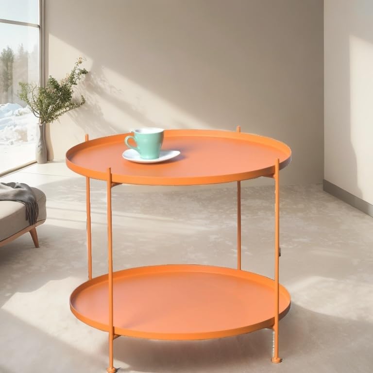 2-Tier Sleek Accent Side/End Table, Circular Top Modern Minimalist Orange Metal Furniture for Living Room, Bedroom - Sofa Table - Nightstand Bedside Table for Small Spaces, Indoor & Outdoor, 23.6" Dia