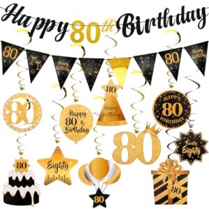 hapdoo 80th birthday decorations set - 80th birthday decorations men happy 80th birthday banner triangle flag hanging swirls streamers for women men birthday party decorations supplies, black and gold