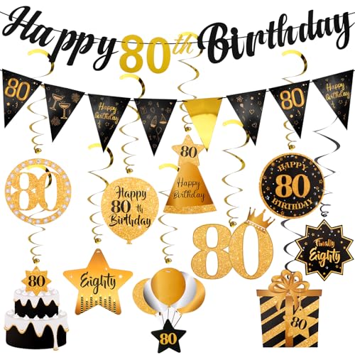 Hapdoo 80th Birthday Decorations Set - 80th Birthday Decorations Men Happy 80th Birthday Banner Triangle Flag Hanging Swirls Streamers for Women Men Birthday Party Decorations Supplies, Black and Gold