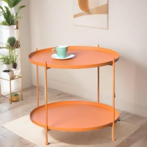 2-Tier Sleek Accent Side/End Table, Circular Top Modern Minimalist Orange Metal Furniture for Living Room, Bedroom - Sofa Table - Nightstand Bedside Table for Small Spaces, Indoor & Outdoor, 23.6" Dia