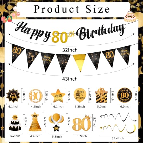 Hapdoo 80th Birthday Decorations Set - 80th Birthday Decorations Men Happy 80th Birthday Banner Triangle Flag Hanging Swirls Streamers for Women Men Birthday Party Decorations Supplies, Black and Gold