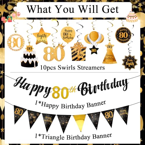 Hapdoo 80th Birthday Decorations Set - 80th Birthday Decorations Men Happy 80th Birthday Banner Triangle Flag Hanging Swirls Streamers for Women Men Birthday Party Decorations Supplies, Black and Gold