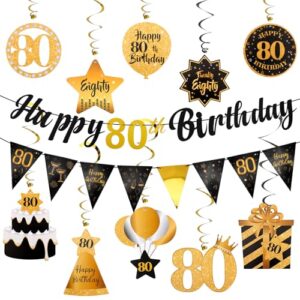 Hapdoo 80th Birthday Decorations Set - 80th Birthday Decorations Men Happy 80th Birthday Banner Triangle Flag Hanging Swirls Streamers for Women Men Birthday Party Decorations Supplies, Black and Gold