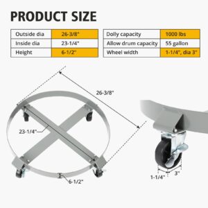 GarveeTech 55 Gallon Drum Dolly - 4 Wheels, 1000lbs Load Capacity, 67cm Outer Ring, 3" Universal Casters, 2 Braked Rollers