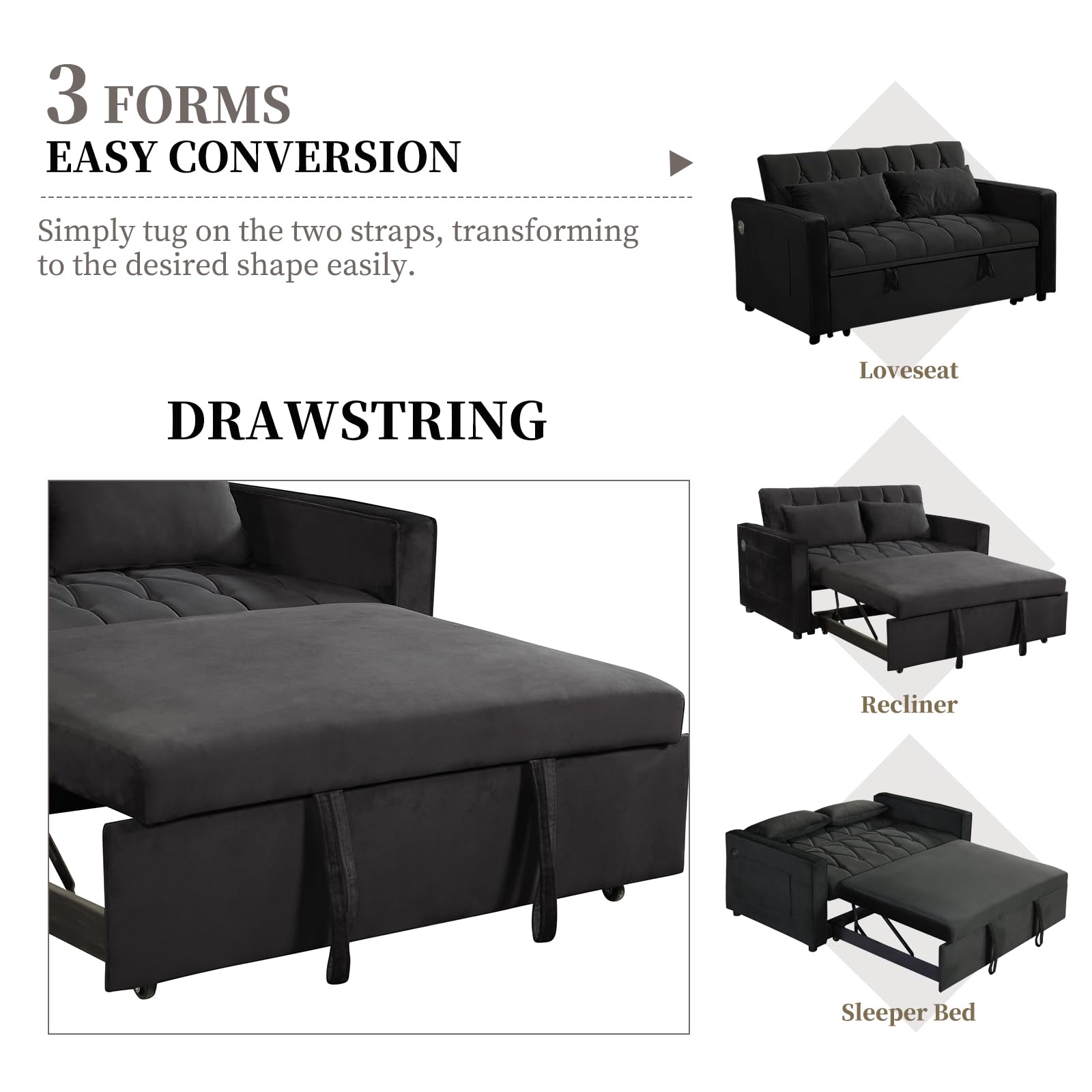 ZKJOLMN 3 in 1 Convertible Pull Out Couch Bed, Velvet Sleeper Sofa Couch with Pull Out Bed, Loveseat Sleeper with Adjustable Backrest, Pull Out Sofa Bed Sleeper for Living Room (Black)