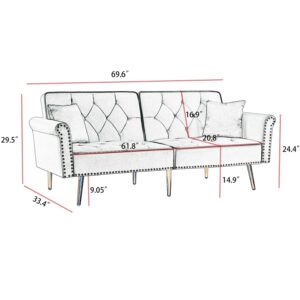 Velvet Sofa Bed, Convertible Folding Sleeper Couch with 2 Pillows, 70" Tufted Loveseat Recliner with Golden Metal Legs for Living Room Apartment Office (Beige)