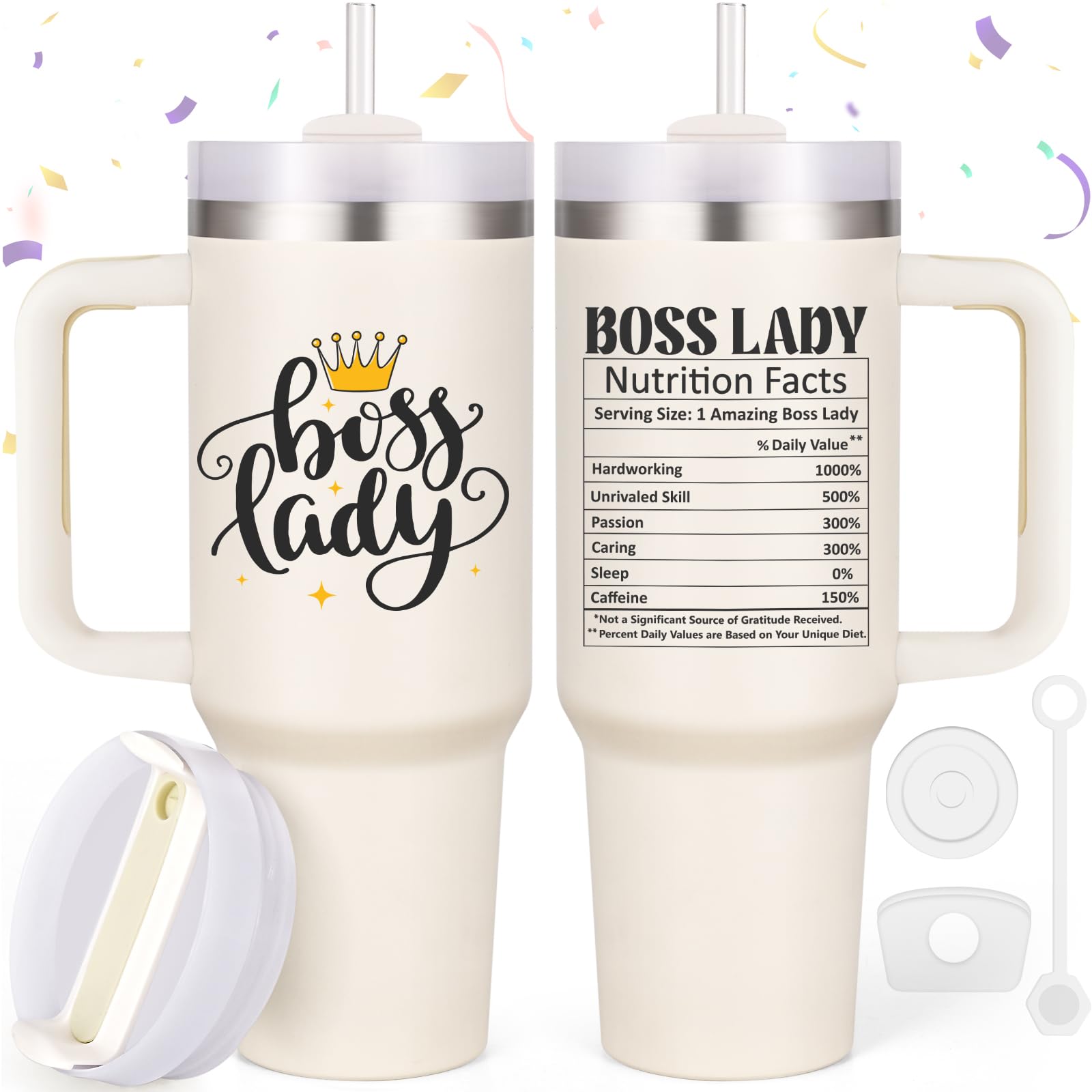 LiqCool Boss Gifts for Women, Best Boss Lady Gifts - 40 oz Tumbler with Handle and Straw Lid, Great Gift Idea for Boss Manager Friends, Female Boss Gifts for Bosses Day Birthday Christmas(Cream)