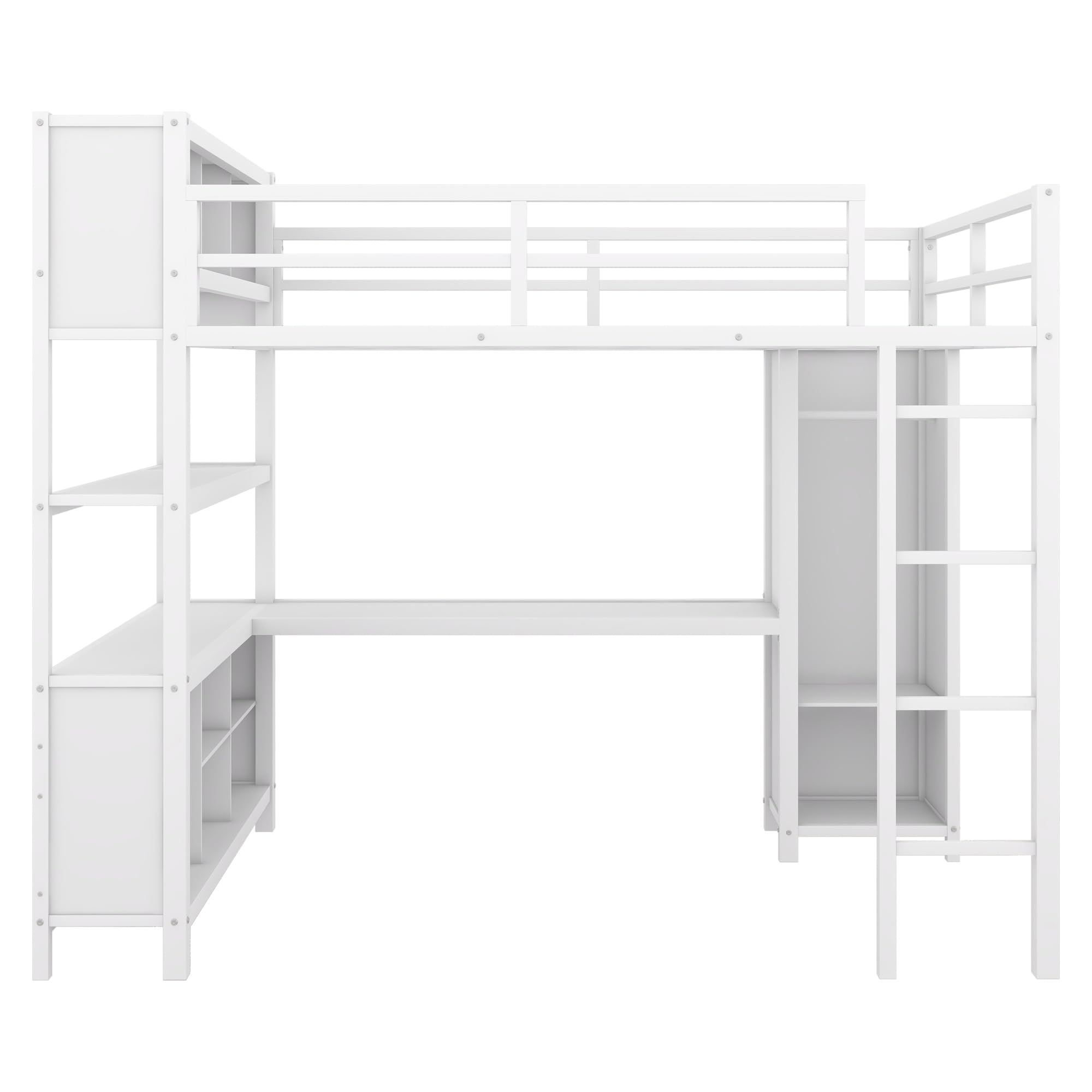 Linique Full Size Metal Loft Bed with L-Shape Desk, Wardrobe and Storage Shelves, Full Length Guardrail and Ladder, White