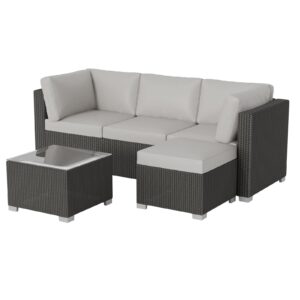 garveelife 5-piece outdoor patio rattan wicker sofa set, pe rattan conversation sectional with thickened back cushion, glass tabletop, ottoman - ideal for courtyard space, light-grey