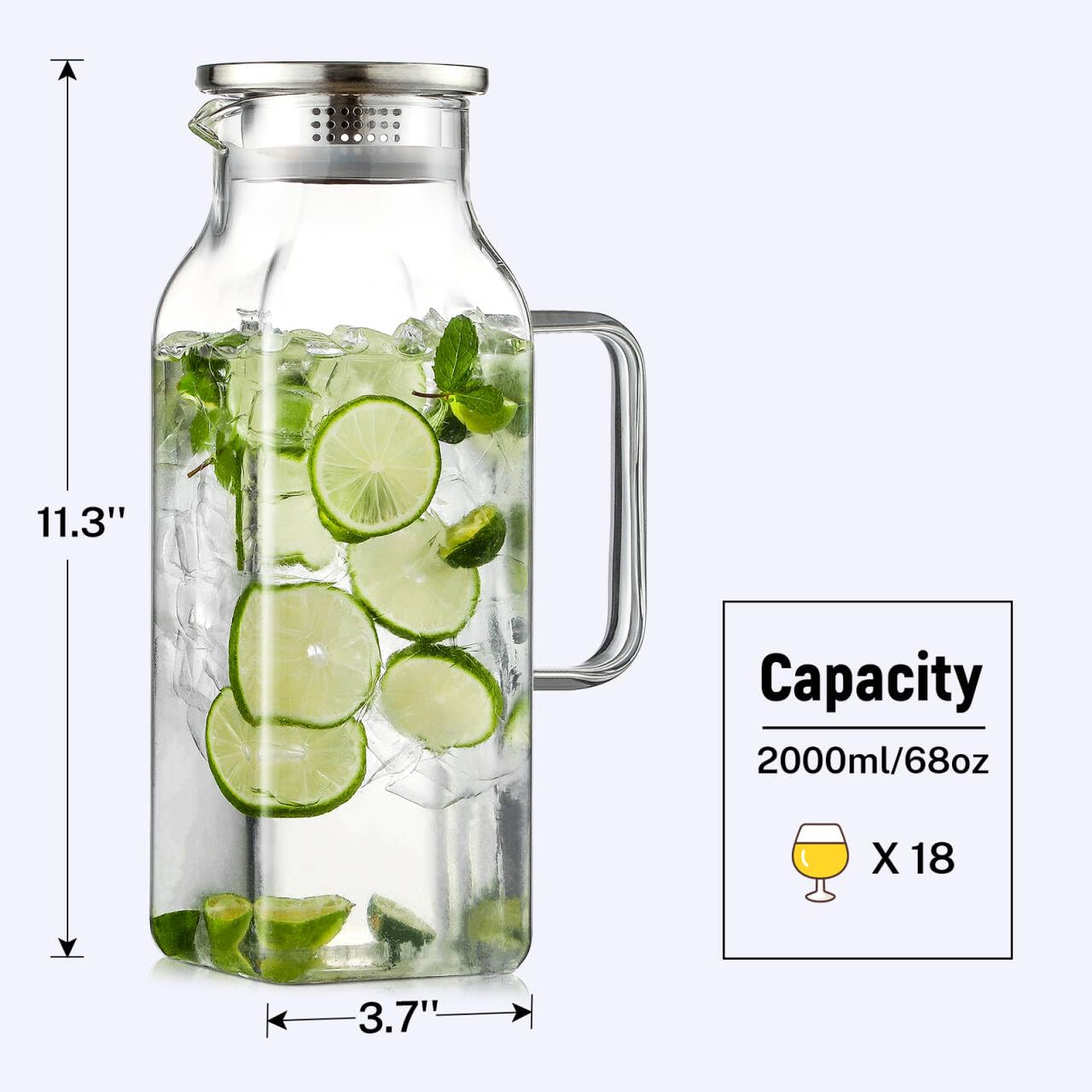 2 Quart (2 Liter 68 oz) Square Glass Pitcher with Lid and Spout, Water Pitchers with Handle for Fridge, Borosilicate Glass Carafe for Hot/Cold Drink, Large Jug for Iced Tea, Coffee,Juice,Milk,Beverage