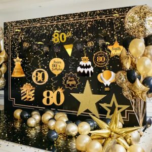 Hapdoo 80th Birthday Decorations Set - 80th Birthday Decorations Men Happy 80th Birthday Banner Triangle Flag Hanging Swirls Streamers for Women Men Birthday Party Decorations Supplies, Black and Gold