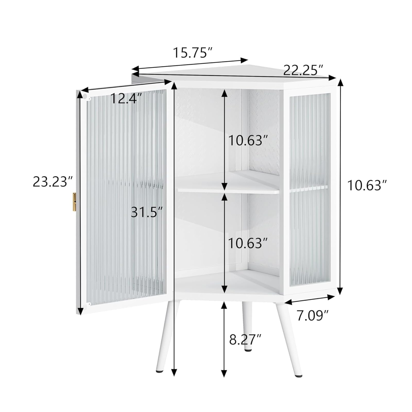 QMIT Corner Cabinet Table with Glass Doors, Small Metal Corner Storage Table ，Corner Hutch Cabinet for Bathroom, Living Room, Bedroom Kitchen (White—2 Tier)