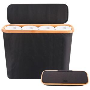 Toilet Paper Basket, Toilet Paper Storage Basket with Bamboo Handle and Lid, Toilet Paper Storage Holder Up to 12 Mega Rolls, Good Ventilation, Durable (Black)