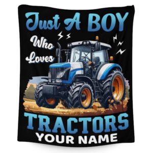 custom tractor blanket for boy with name, 50 x 40 inches kids blanket for kids, just a boy who loves tractors, cozy flannel throw blanket gift, soft black truck throws for couch sofa tractor party