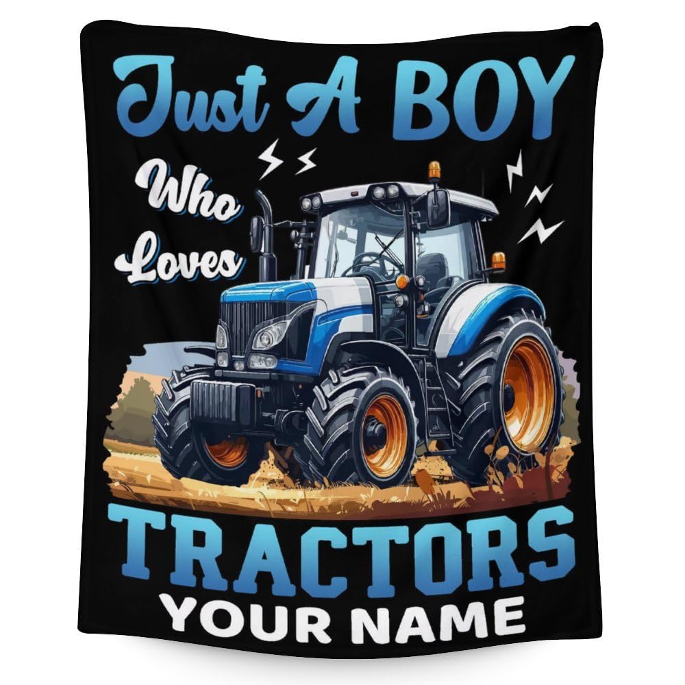 Custom Tractor Blanket for Boy with Name, 50 x 40 Inches Kids Blanket for Kids, Just A Boy Who Loves Tractors, Cozy Flannel Throw Blanket Gift, Soft Black Truck Throws for Couch Sofa Tractor Party