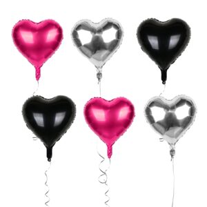 Mefuny 18PCS 18 Inch Hot Pink Black Silver Heart Shape Foil Balloons For Valentine Wedding Bridal Shower Party Graduation Decoration