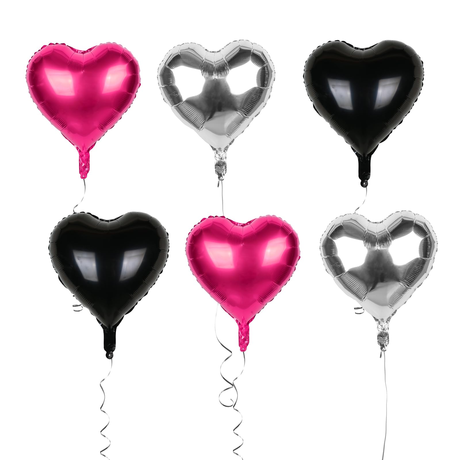 Mefuny 18PCS 18 Inch Hot Pink Black Silver Heart Shape Foil Balloons For Valentine Wedding Bridal Shower Party Graduation Decoration