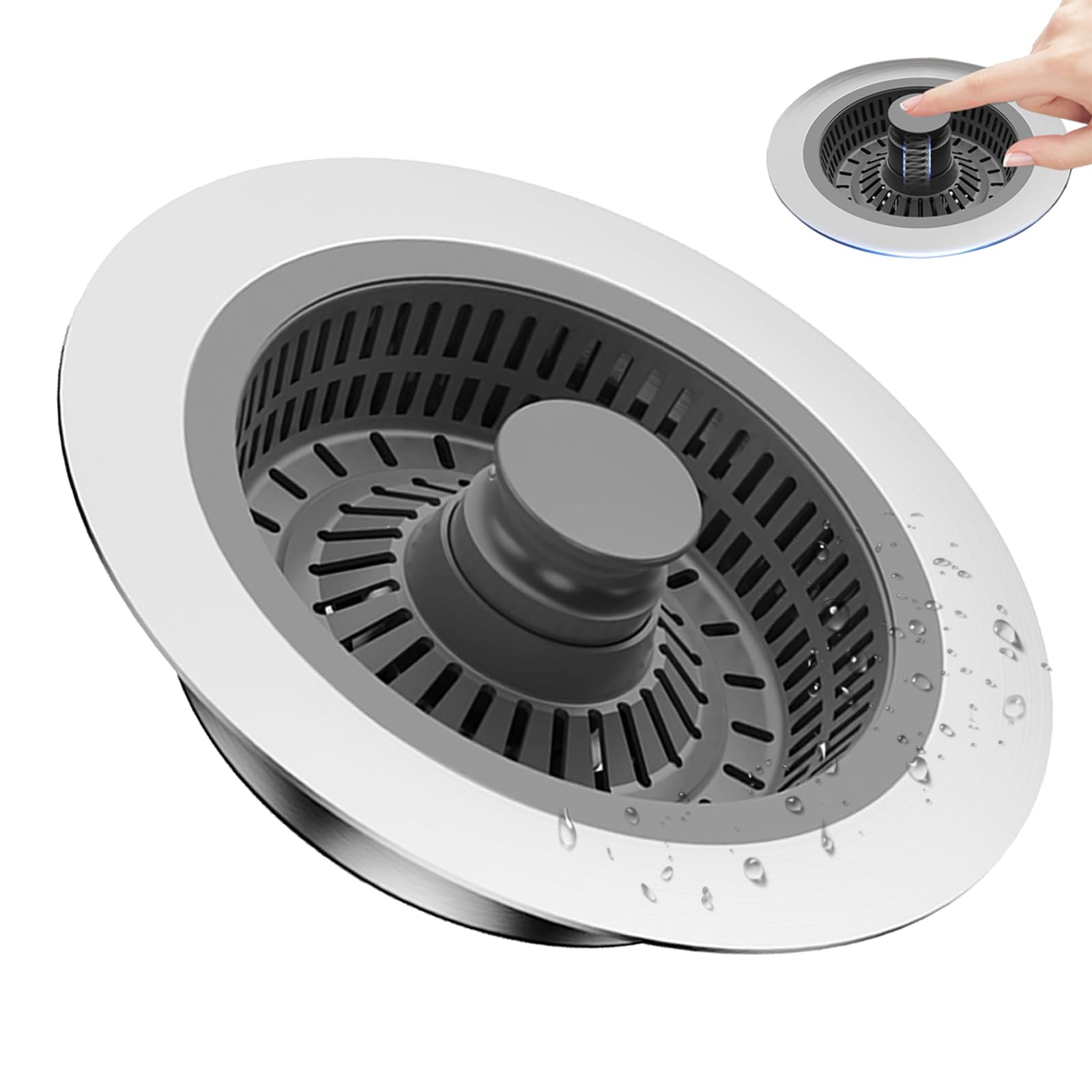 IKY Upgraded 3 in 1 Kitchen Sink Drain Strainer and Stopper Combo,Stainless Steel Metal Kitchen Sink Stopper,Kitchen Drain Strainer Stopper for US Standard 3-1/2 Inch Drain