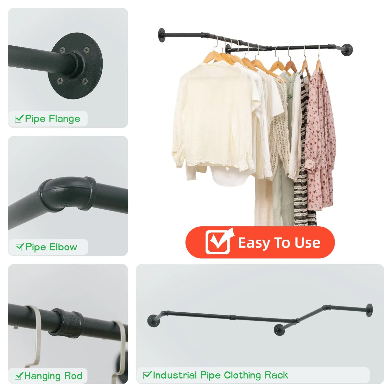 Industrial Pipe Clothing Rack,Wall Mounted Clothes Rack for hanging clothes, Space Saver Hanging Pipe Clothes Rack, Heavy Duty Corner Garment Racks for Laundry Room, Closet Storage