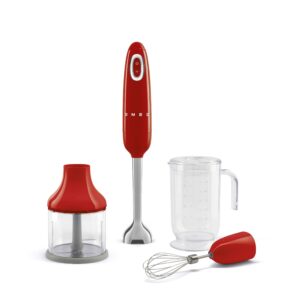 SMEG Handheld Immersion Blender with Beaker, Chopping Bowl w/Lid, Wire Whisk, 5 Speed Controls, made with Stainless Steel Blades and Ergonomic Design (Red)