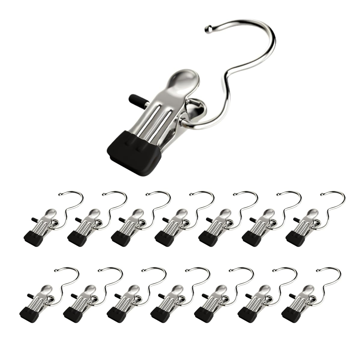 Clothes Pins, 15 Pack Hanger Hooks, Stainless Steel Laundry Clips, Travel Hangers, Towel Clips, Small Clothes pin for Closet Hanging, Space Saving Hanger Clips for Pants, Jeans, Hats, Boot(15P+Black)