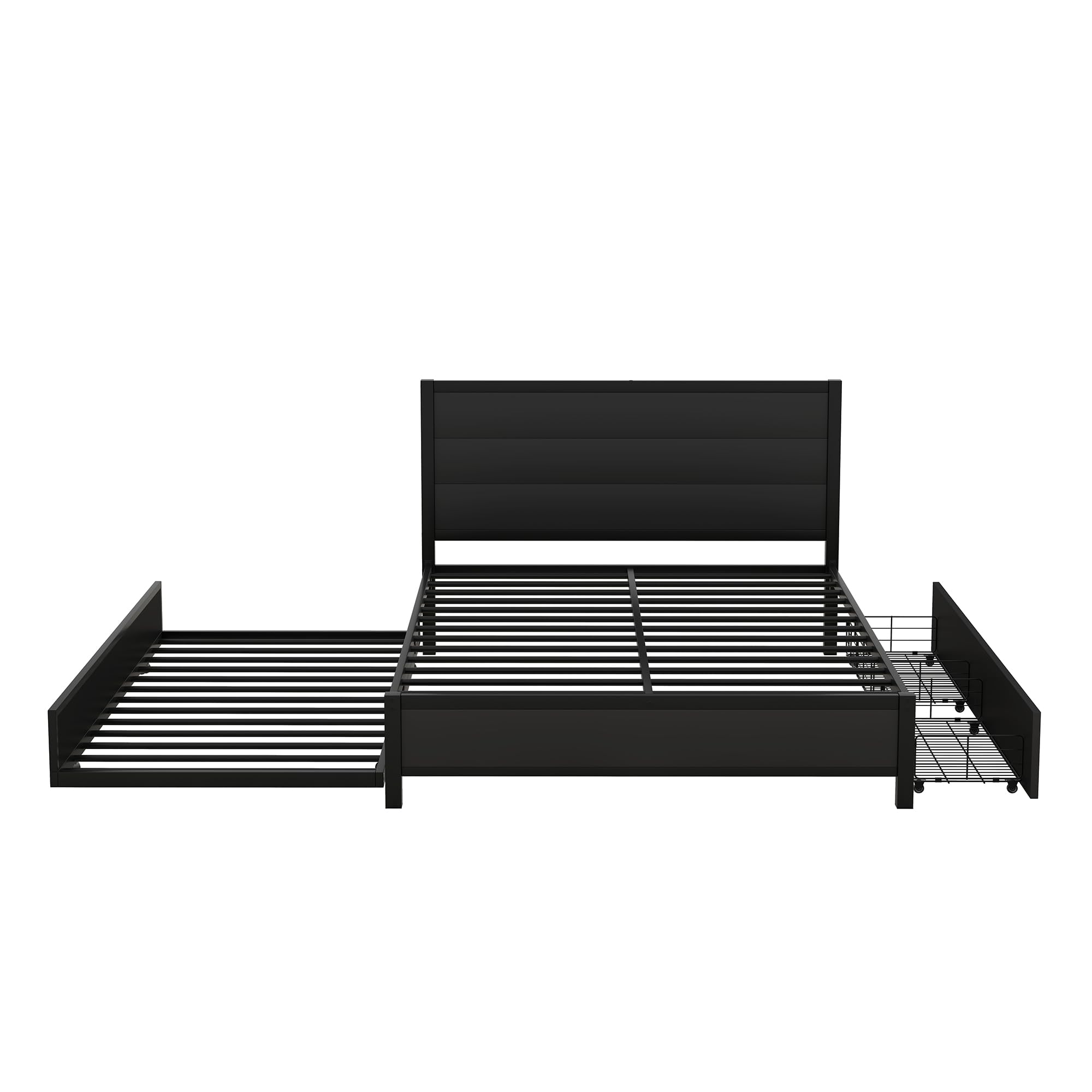 Bellemave Queen Size Bed Frame with Twin Size Trundle and 2 Storage Drawers, Metal Platform Bed Frame with Headboard, Queen Storage Bed with Trundle for Bedroom, No Box Spring Needed (Queen)