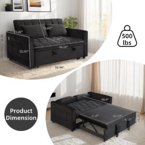 ZKJOLMN 3 in 1 Convertible Pull Out Couch Bed, Velvet Sleeper Sofa Couch with Pull Out Bed, Loveseat Sleeper with Adjustable Backrest, Pull Out Sofa Bed Sleeper for Living Room (Black)