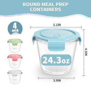 4 Pack Meal Prep Containers Reusable Glass with Airtight Lids, 3 Cup Round Glass Soup Containers with Lids, Leak-Proof Glass Containers for Food Storage Microwave, Dishwasher Freezer Safe (Multi)