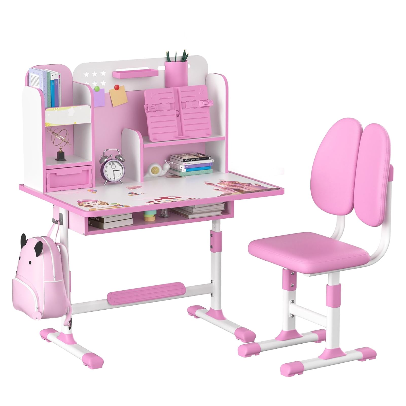 BENBOR Kids Adjustable Study Desk & Chair Set, Kids Desk with Storage, Drawers, Bookshelf, Child Toddler Writing Homework Table, Little Girl Work Functional Desk, for Bedroom/Study Room(Pink)