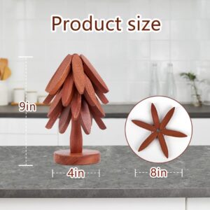 Set of 4 Wooden Trivets Foldable Heat Resistant Pots and Pans Hot Dishes Wooden Mat Kitchen Table Accessories 8" Diameter Like Christmas Tree Shape Set Coasters (Walnut)