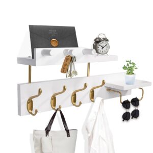 lampaggio coat rack wall mount with shelf, 4 in 1 wood coat hooks with key and mail holder, 17 inch entryway hanging shelf with sunglasses holder and 4 metal hooks for clothes hats bag, white and gold