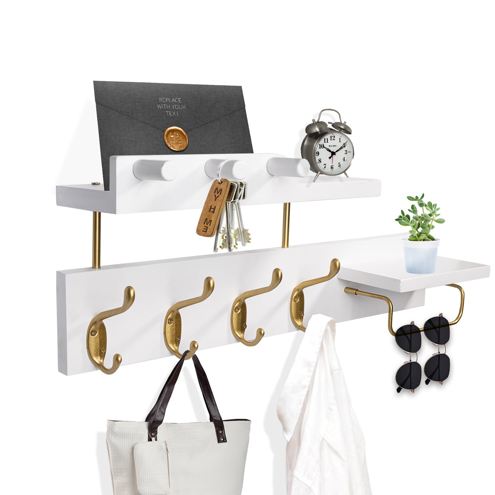 Lampaggio Coat Rack Wall Mount with Shelf, 4 in 1 Wood Coat Hooks with Key and Mail Holder, 17 Inch Entryway Hanging Shelf with Sunglasses Holder and 4 Metal Hooks for Clothes Hats Bag, White and Gold