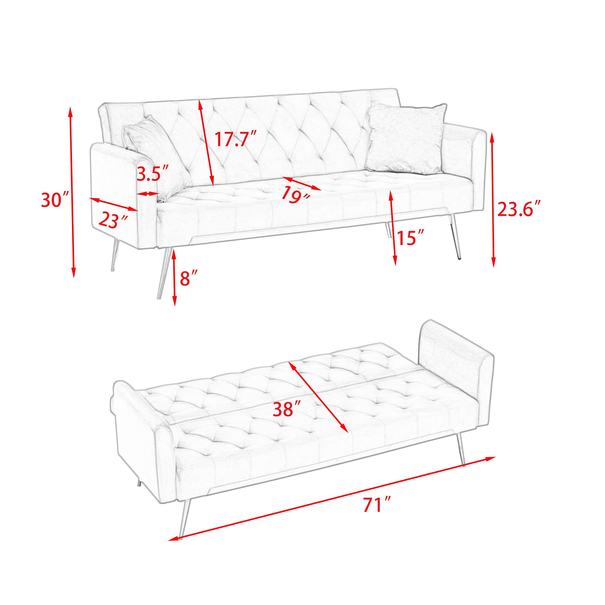 TZXTW Comfy Loveseat with Adjustable backrest,Convertible Sleeper Sofa Bed with Gold Leg and 2 Pillows,Upholstered Futon Sofa,Small Couches for Small Spaces,Living Room,Bedroom,Apartment,Office,Pink